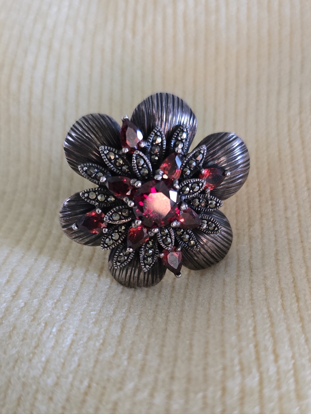 Vintage-Inspired Sterling Red Garnet Flower Cocktail Ring